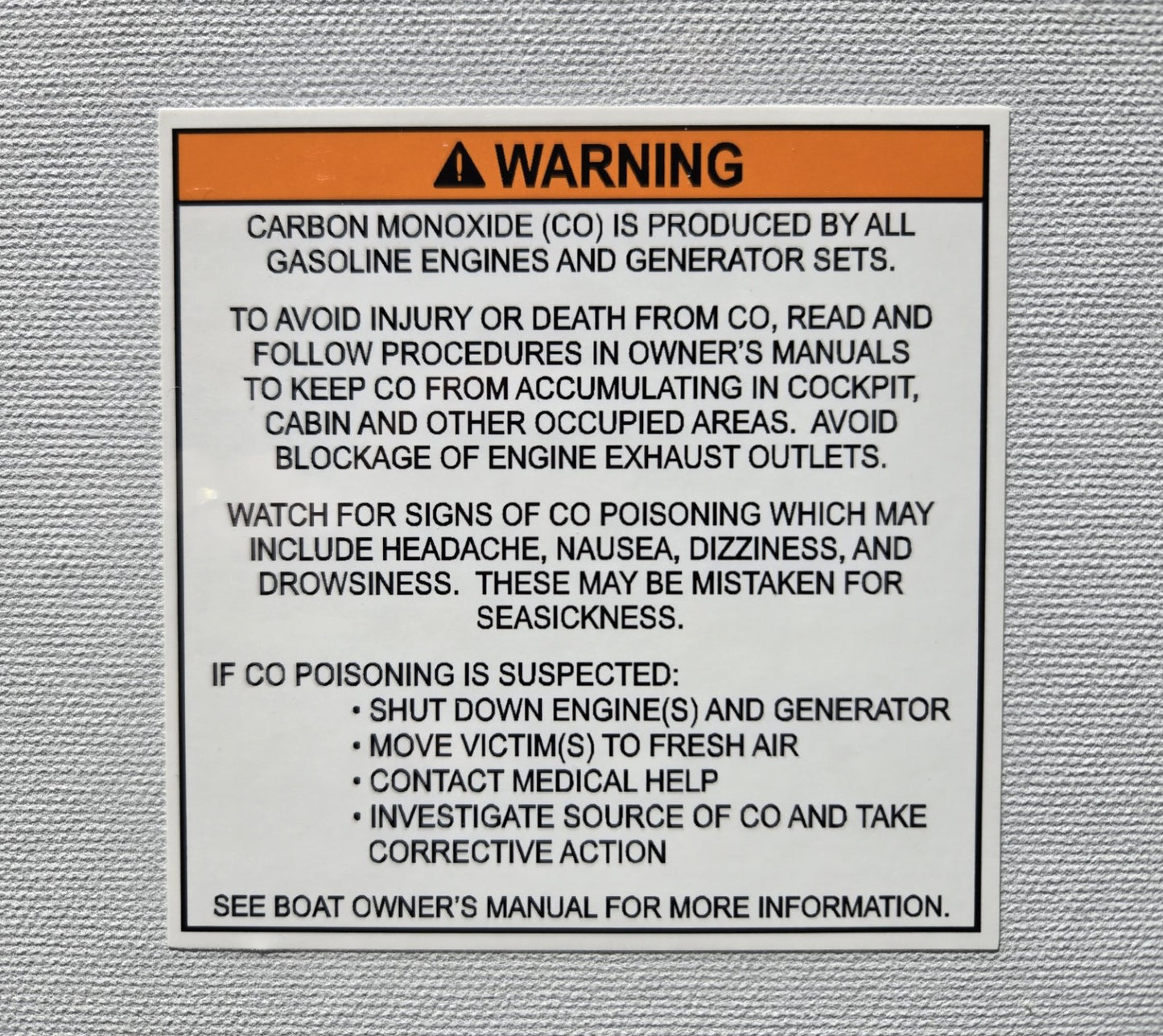 CO from Gas Engines & Generators Warning Label (our #161)