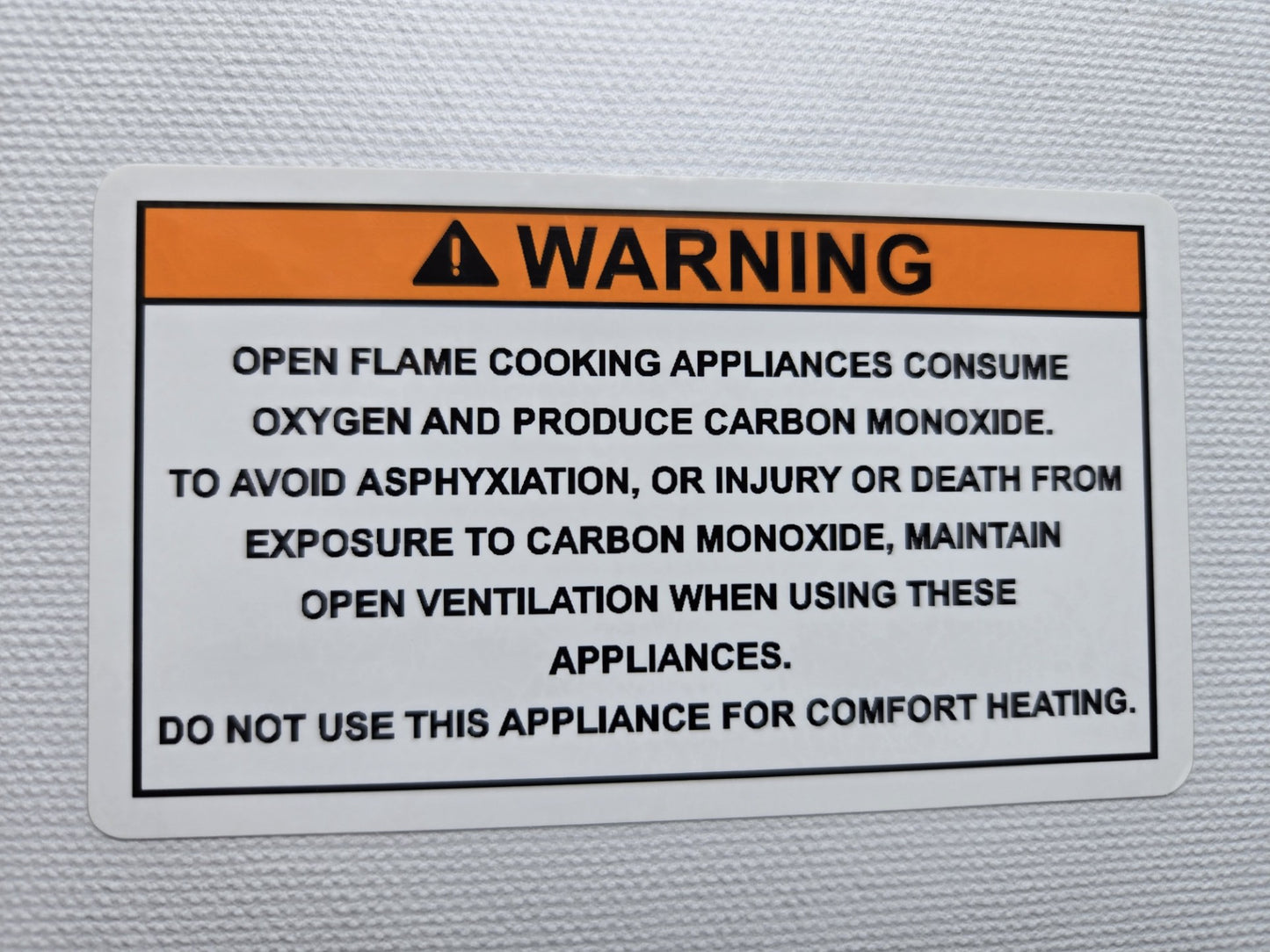 Open Flame Cooking Asphyxiation Warning Label (our #115)