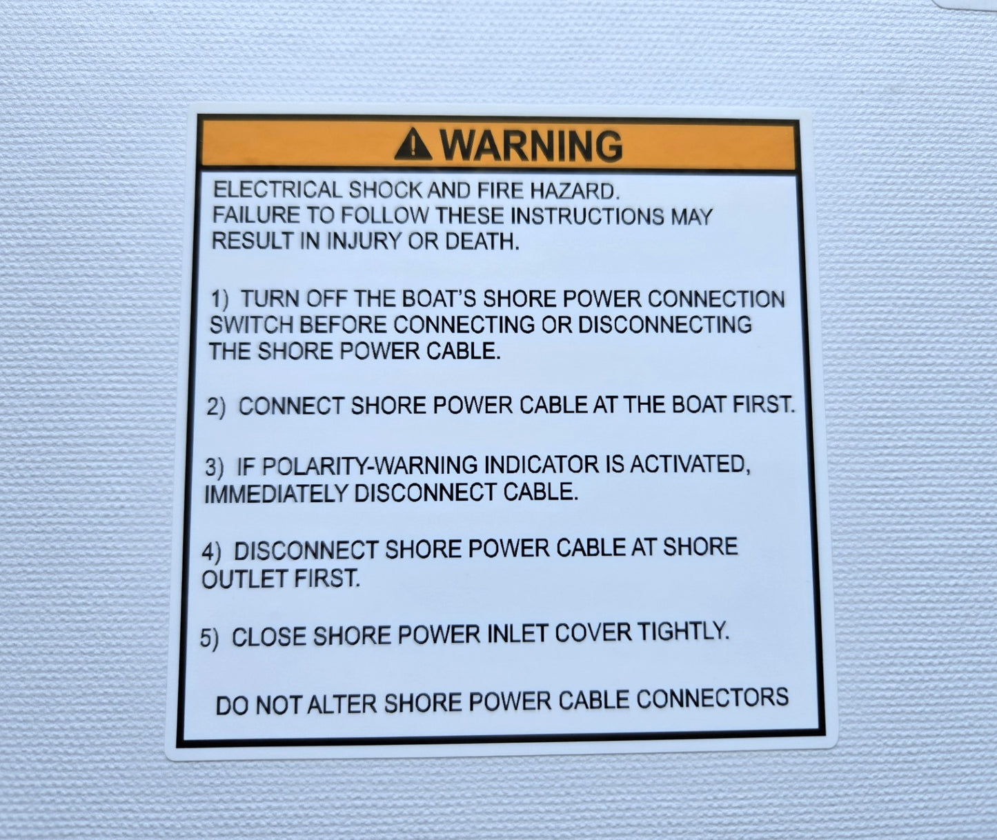 AC Shore Power Inlet Warning Label (our #141)